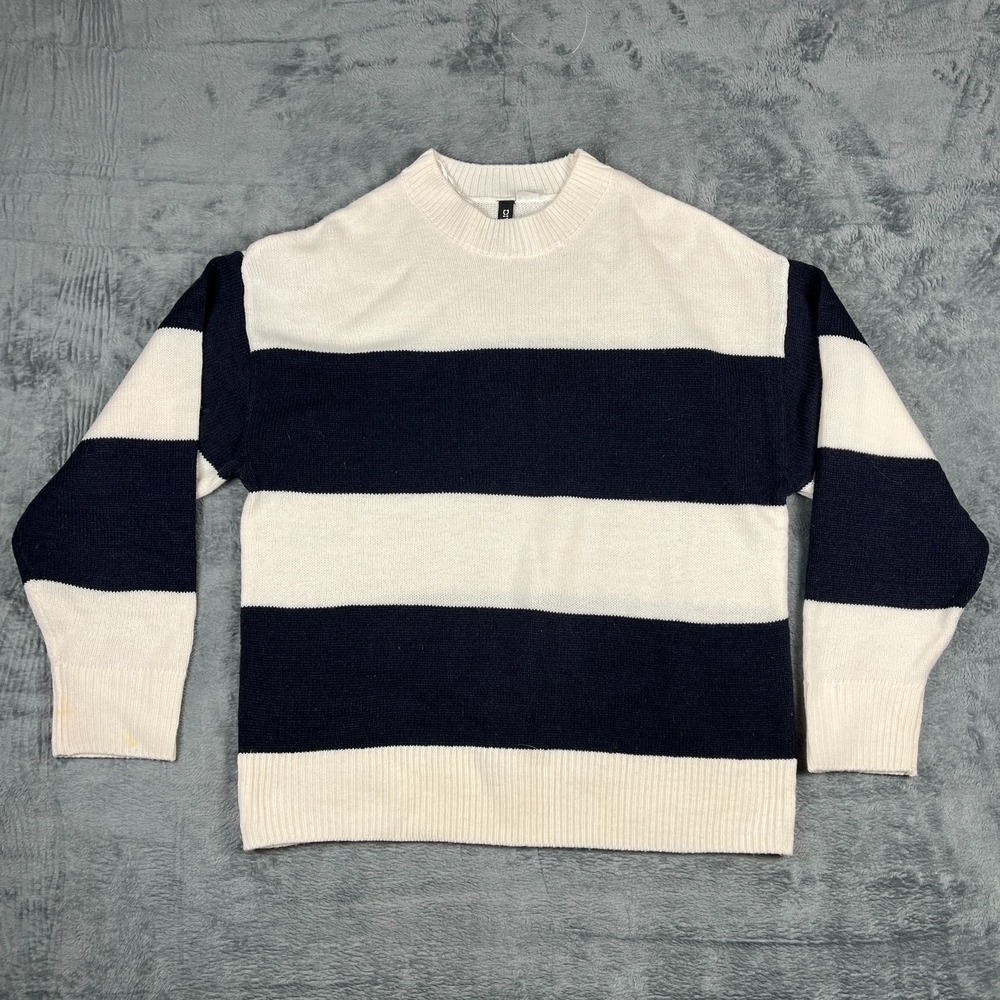 Divided H&M Mens Small Sweater Cream Black Stripe Knit Crew Neck Chic Minimalist